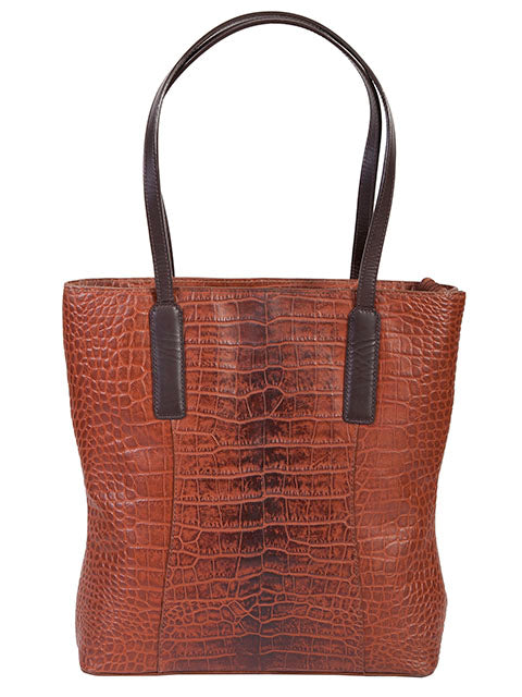 Leather Croco Print Handbag - Brown