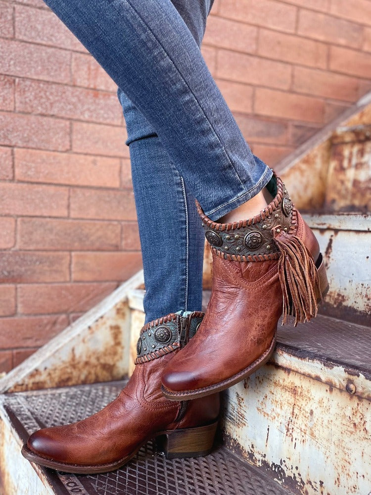 Corral Cognac and Turquoise Ankle Boots with Conchos A3196