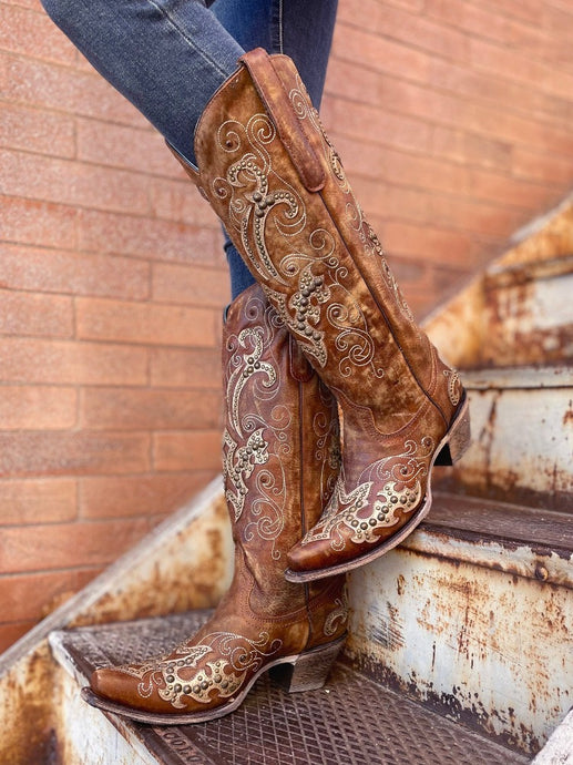 Corral Brown Studded Overlay Western Snip Toe Boots A3638