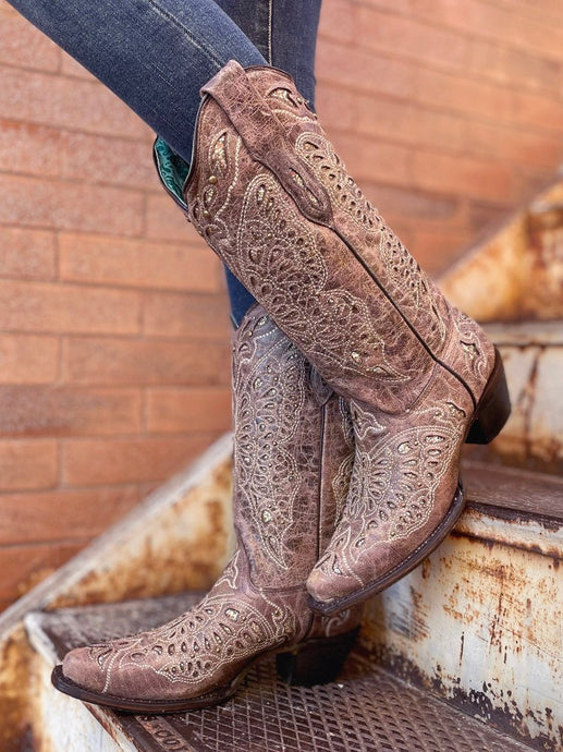 Corral Light Brown Glitter Butterfly Snip Toe Boots A4088