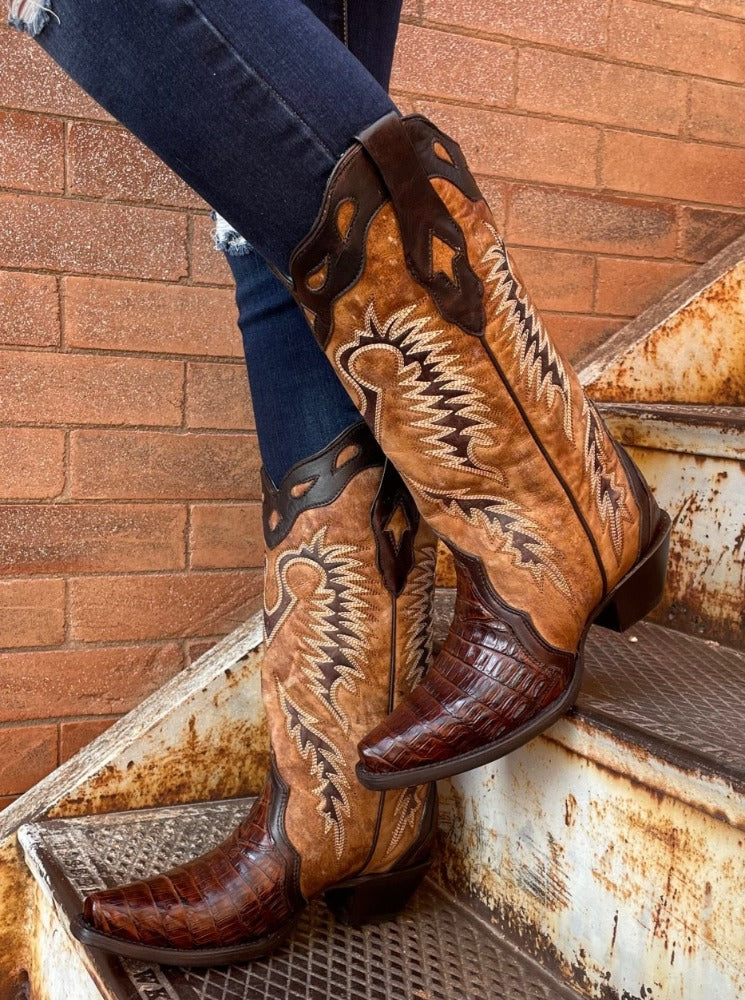 Brown Caiman Embroidery Boots