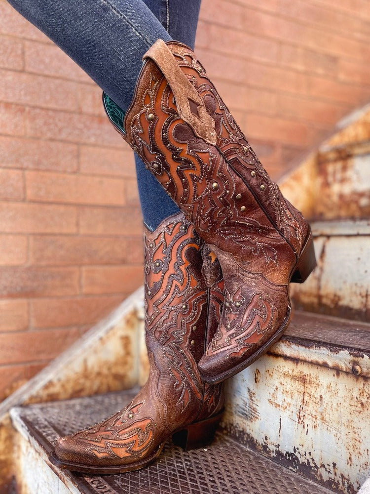 Corral Brown Inlay, Embroidery & Studs Iridescent Boots A4183