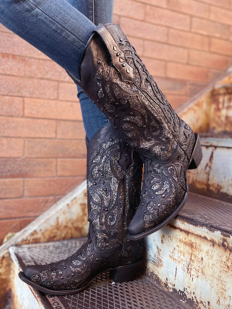 Black Glitter Inlay Boots - Main Image