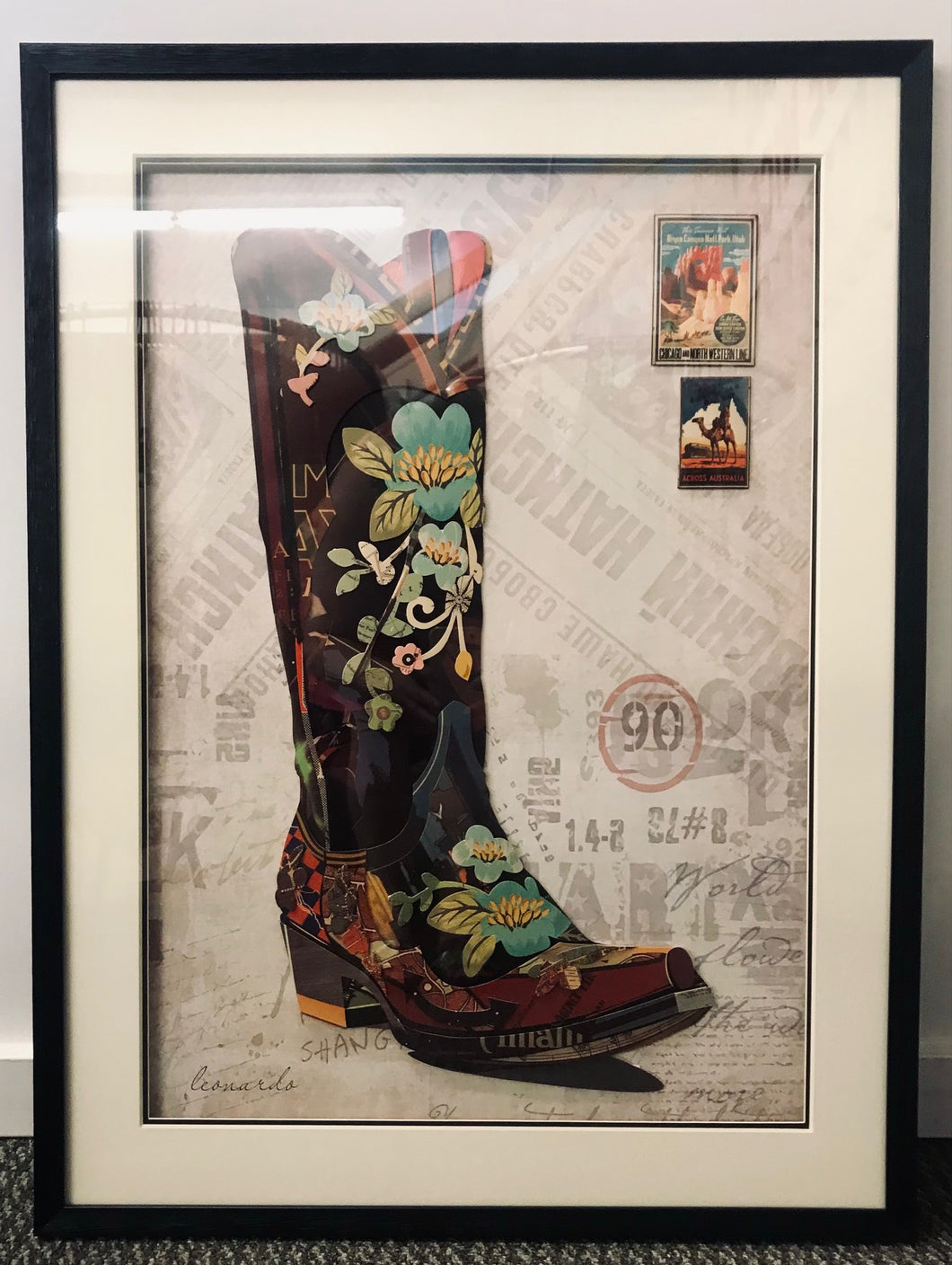 Cowgirl Boot Framed 3D Collage Art