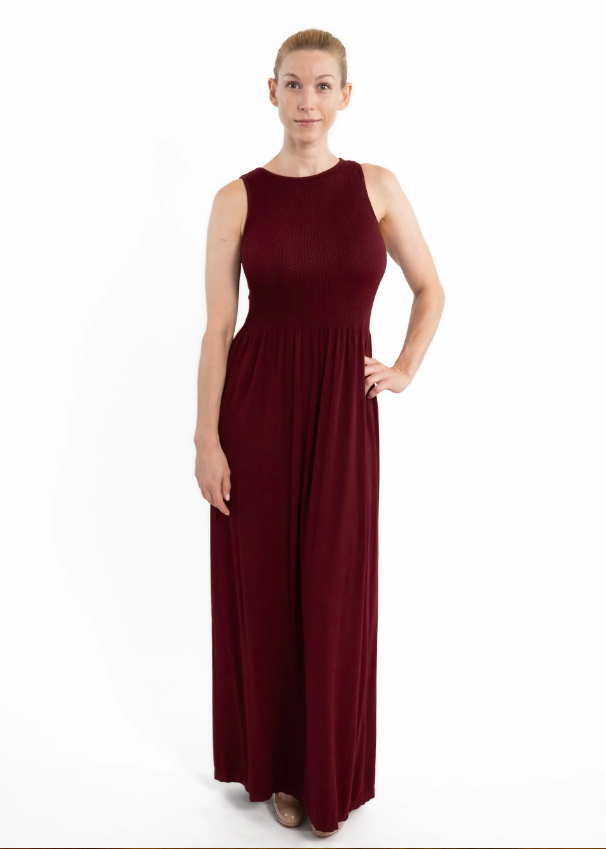 Elietian Scoop Neck Sleeveless, Wide Strap Maxi Dress - Burgundy