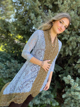 Load image into Gallery viewer, Tailored West Colorado Belle Cardigan Dusty Blue and CaramelHand-Dyed Lace
