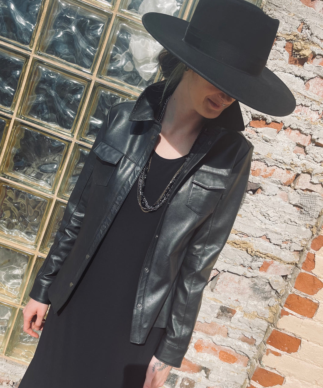 Snap Front Leather Jacket - Black