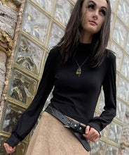 Load image into Gallery viewer, Ribbed Knit Turtleneck Top with Lantern Sleeves Black
