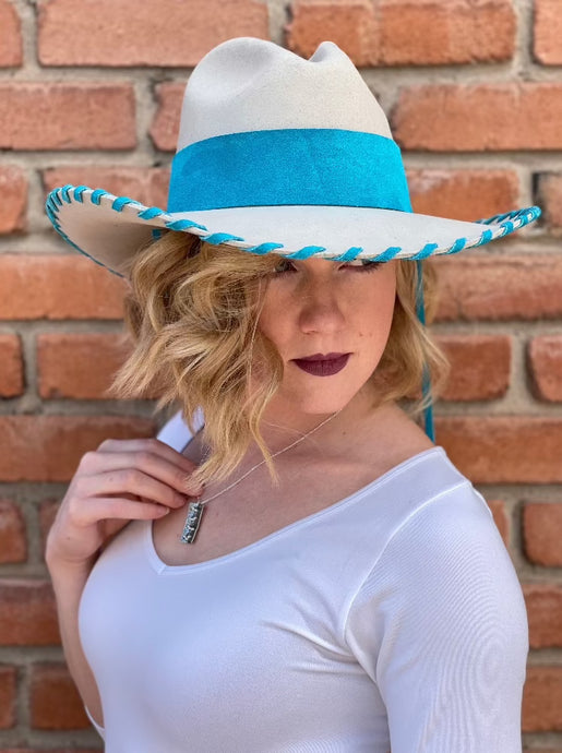 Customizable Cowgirl Hat with Turquoise Leather Hatband & Trim