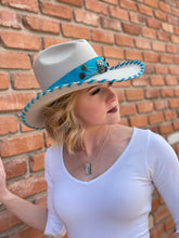 Load image into Gallery viewer, Light Beige Cowgirl Hat with Turquoise Leather &amp; Silver Chain Embellishments
