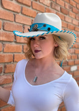 Load image into Gallery viewer, Light Beige Cowgirl Hat with Turquoise Leather &amp; Silver Chain Embellishments
