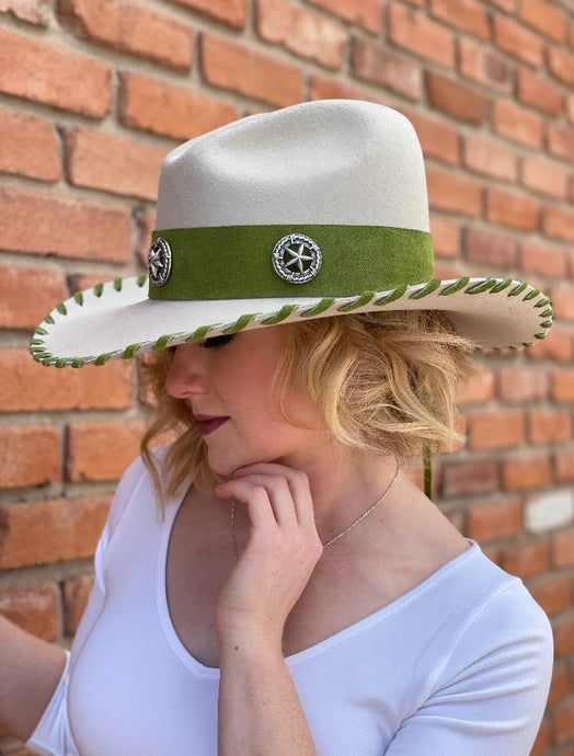 Customized Bailey Light Beige Cowgirl Hat with Green Leather & Silver Embellishments