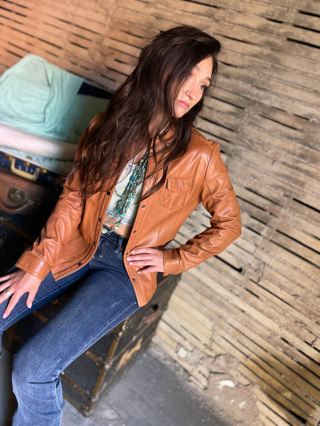 Snap Front Leather Jacket - Tan