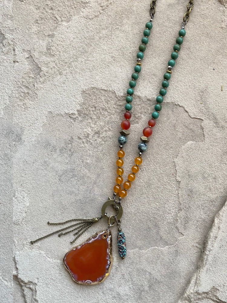 Mixed Beaded with Toggle Front & Agate Slice Necklace