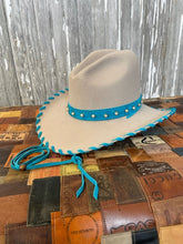 Load image into Gallery viewer, Light Beige Cowgirl Hat with Turquoise Leather &amp; Silver Embellishments

