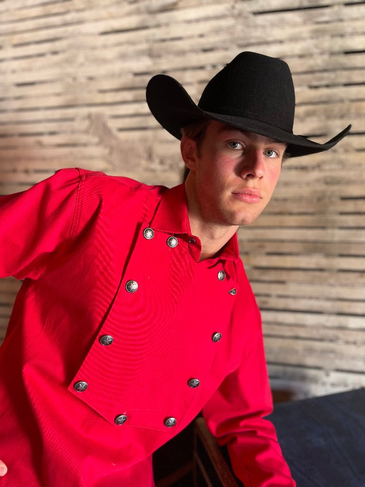 Men's Bib Shirt with Metal Star Buttons - Red