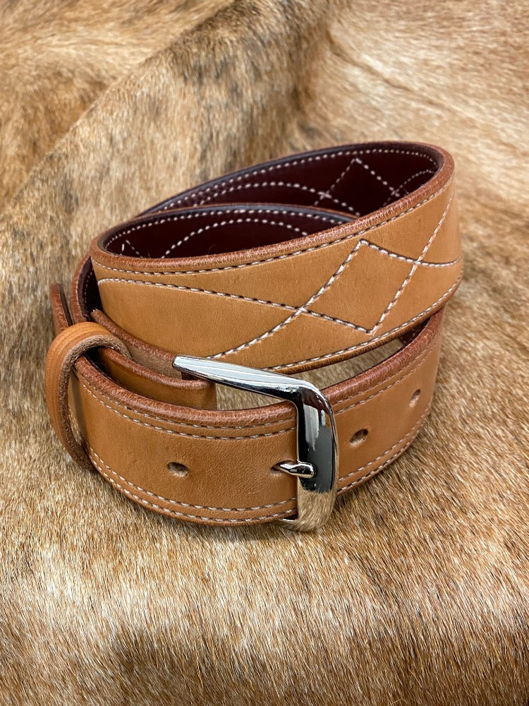 Men's Handmade Western Belt - Cowboy Stitch Saddle Tan