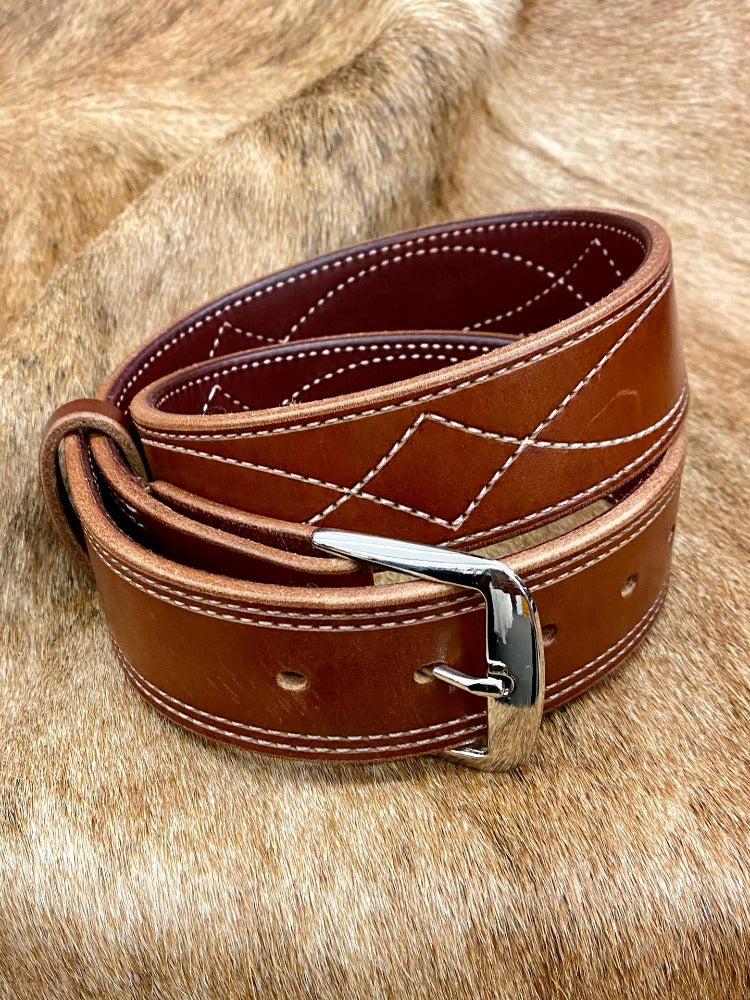 Men's Handmade Western Belt - Cowboy Stitch Medium Brown