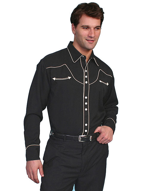 Men's Western Shirt with Contrast Piping - Black and Cream