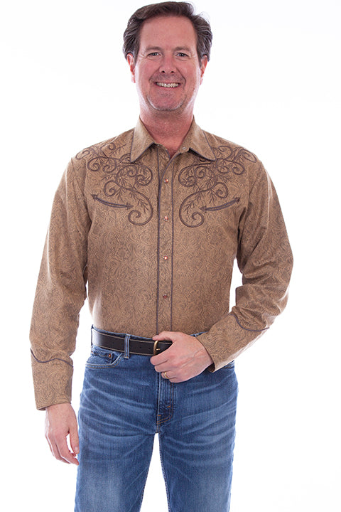 Men's Western Shirt with Embossed Embroidery - Tan Tailored West Fashion Boutique Men's Western Shirt with Embossed Embroidery - Tan Tailored West Fashion Boutique