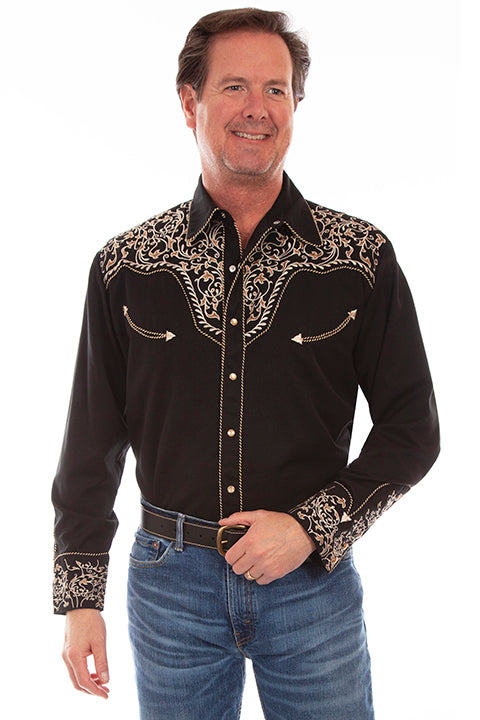 Tailored West Men's Western Vine Embroidered Black Button Down Top