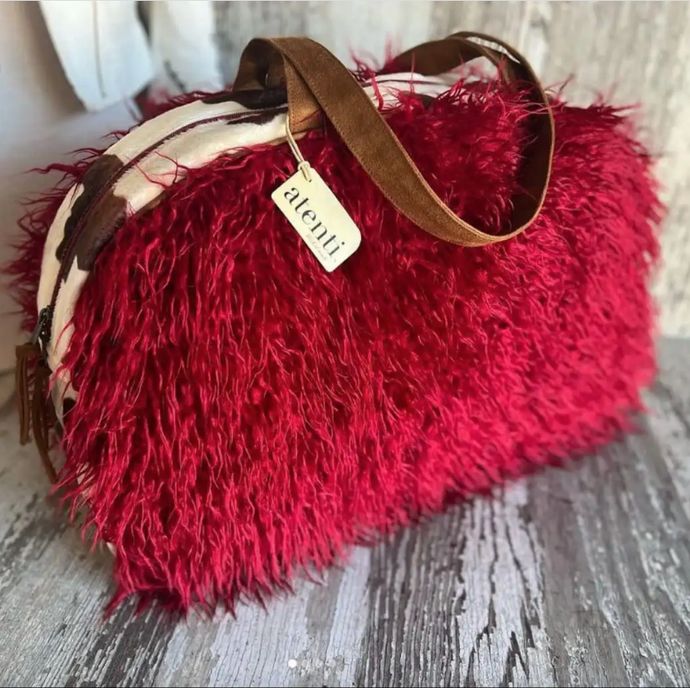 Handmade Atenti Red Fur Overnight Bag