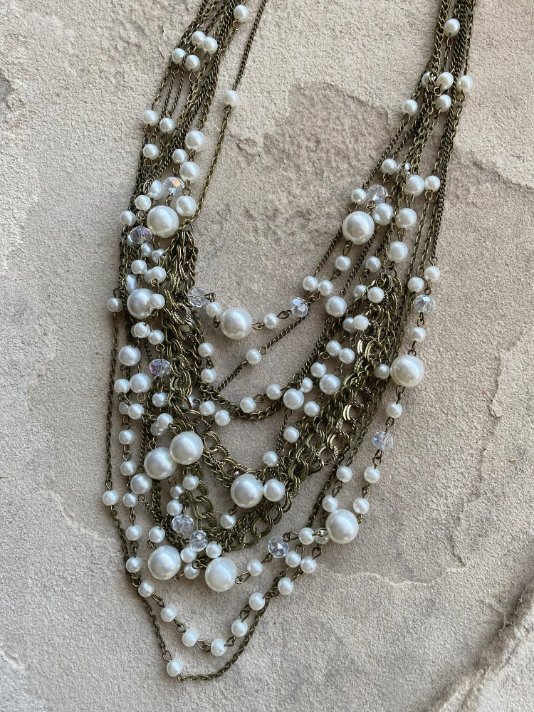 Multi-Strand Linked Pearl and Chain Statement Necklace