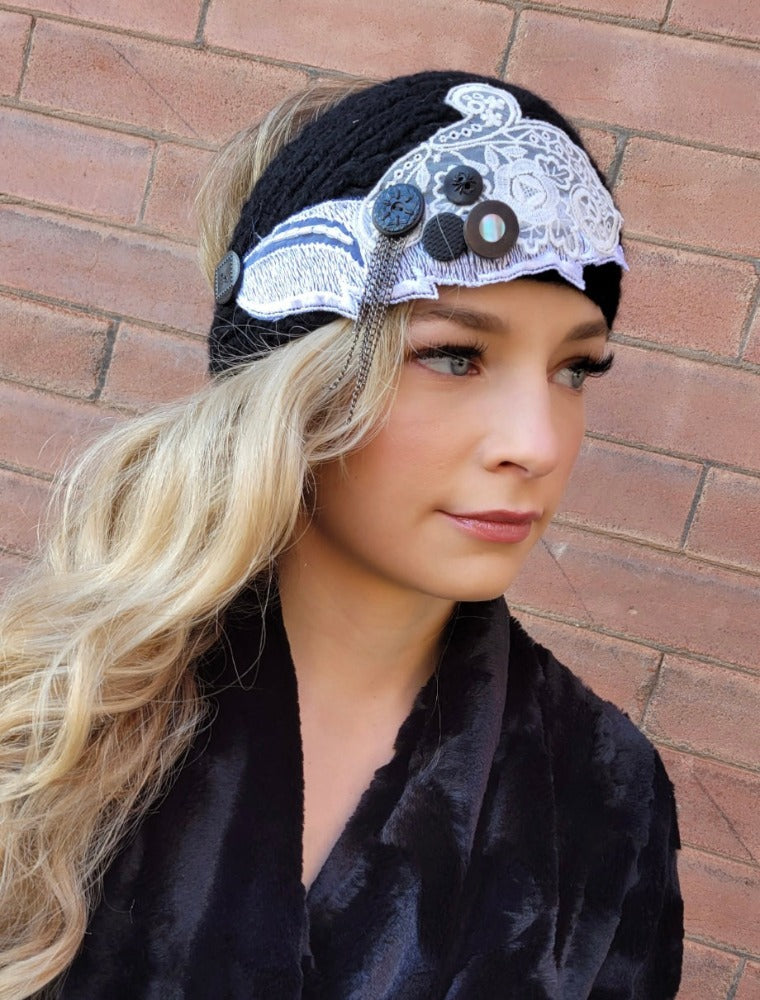 TW Handmade Ear Warmer Headband with Lace and Buttons - Black
