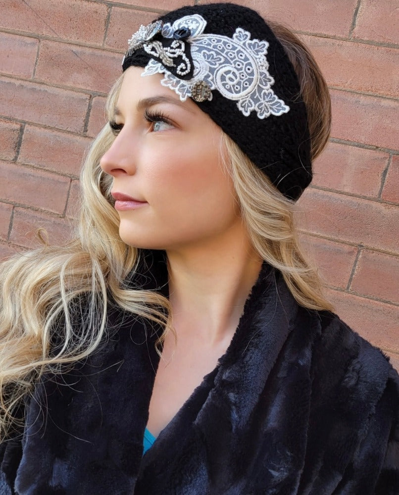 TW Handmade Embellished Ear Warmer Headband - Black and White