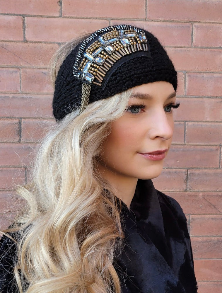 TW Bead and Rhinestone Embellished Hand Knit Ear Warmer Headband - Black