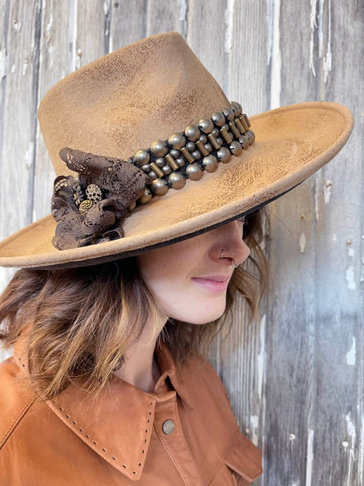 Tailored West Tan Distressed Wool Felt Hat with Embellished Brass Hatband