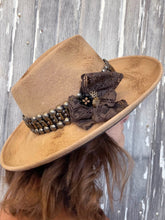 Load image into Gallery viewer, Tailored West Tan Distressed Wool Felt Hat with Embellished Brass Hatband
