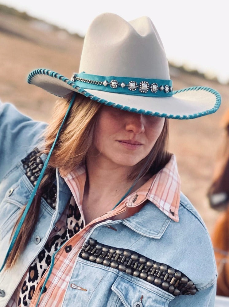 Bailey customized Light Beige Cowgirl Hat with Turquoise Leather Embellishments