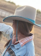 Load image into Gallery viewer, Bailey customized Light Beige Cowgirl Hat with Turquoise Leather Embellishments
