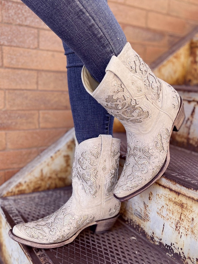 White Glitter Inlay Crystals Ankle Boots - Main Image