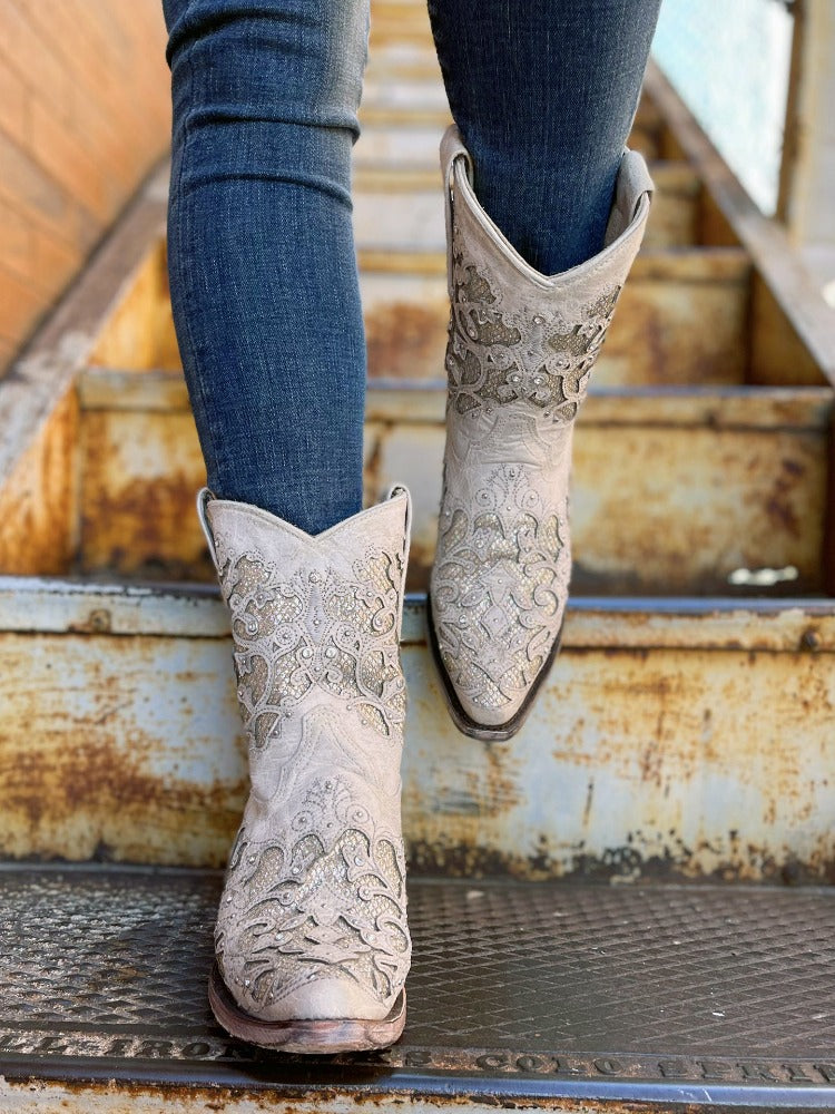 Corral White Glitter Inlay Crystals Ankle Boots A3550 – Tailored