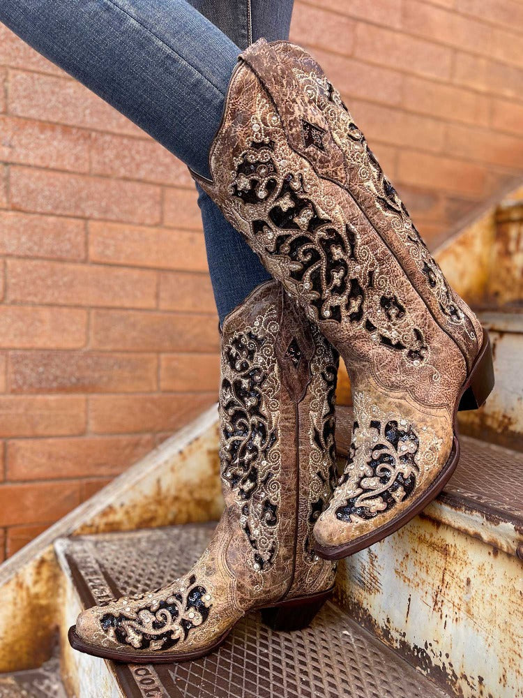 Tan Black Embroidered Sequin Inlay Boots
