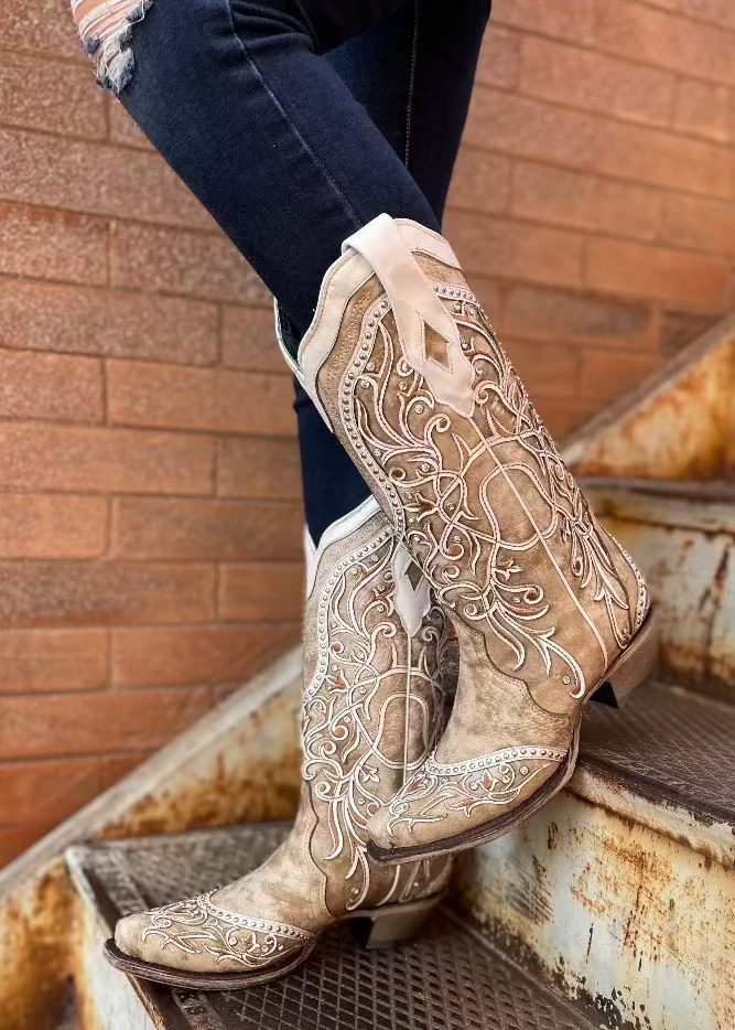 Corral White Overlay Crystal Studded Snip Toe Boots A3837