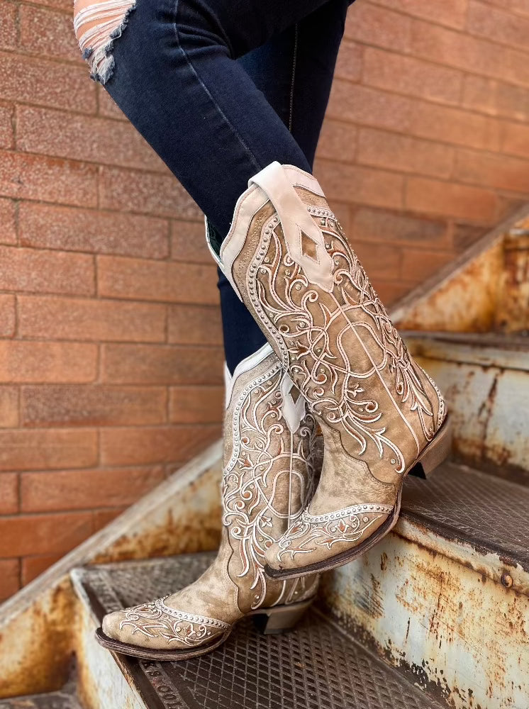 White Overlay Crystal Studded Snip Toe Boots