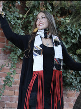 Load image into Gallery viewer, Antique Quilt And Repurposed Sweater Scarf - Red Fringe
