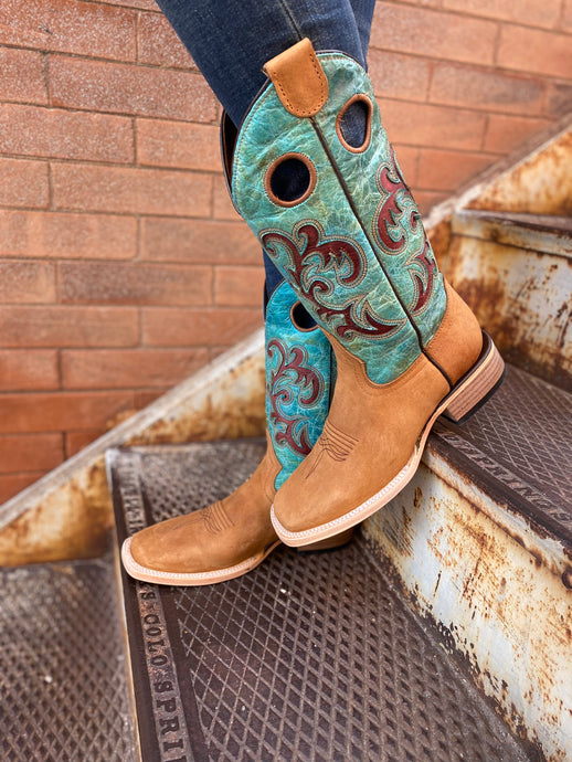Corral Honey & Turquoise Inlay Embroidery Wide Square Toe Boots L5910