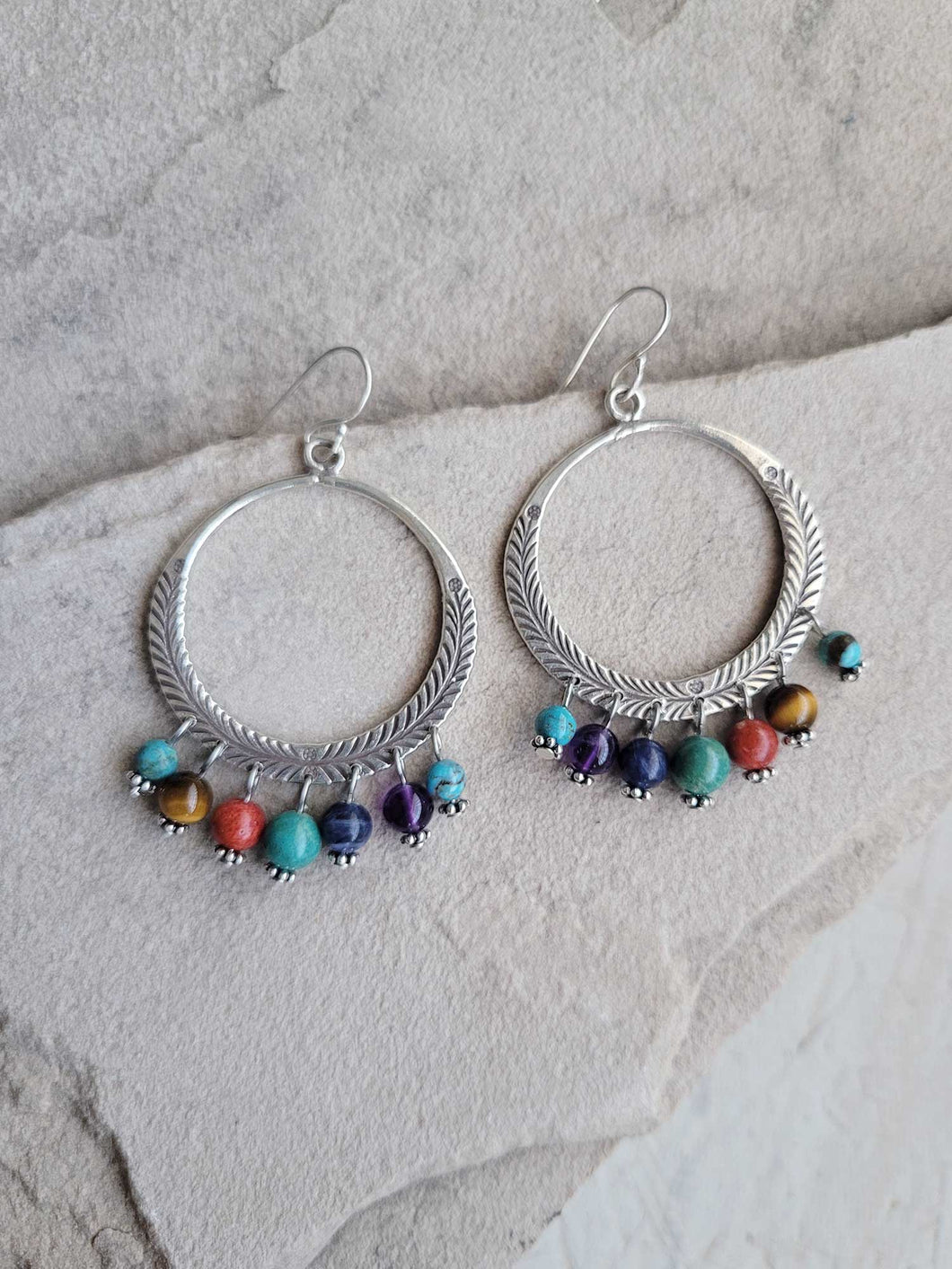 Sterling Silver Hilltribe Carved Loop Earrings With Multi Stone Beads
